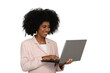 © Edson Souza - young woman typing on laptop computer keyboard looks at screen and smiles, black woman