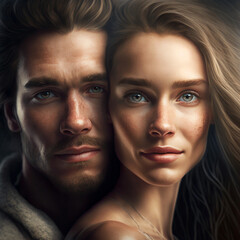 Portrait of a beautiful couple in love, golden hair, freckles, generated ai