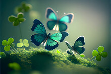 Butterfly On Green Shamrock Background, St Patrick's Day, Ai