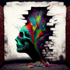 Wall Mural - street art graffiti, colorful skull emerging from the wall - By Generative AI	
