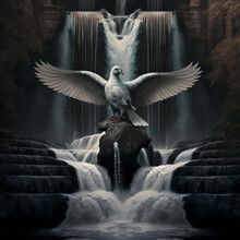 A White Bird With Raised Wings Sits On A Stone Against The Backdrop Of A Waterfall