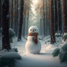 Winter Snowman In The Forest Smiling In A Brown Scarf Among The Trees