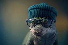  A Small Animal Wearing A Hat And Glasses With A Knitted Cap On It's Head And A Knitted Hat On Its Head, And Glasses On Its Face, With A Blue Background. Generative Ai Generative Ai
