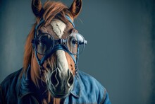  A Horse Wearing A Denim Jacket And Glasses With A Denim Jacket On It's Head And A Denim Jacket On Its Back, With A Blue Background, With A Gray Background, A. Generative Ai Generative Ai