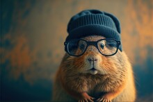  A Close Up Of A Rodent Wearing Glasses And A Hat With A Background Of Gold And Blue Colors And A Brown Wall With A Black Border And White Border, With A Black Border. Generative Ai Generative Ai
