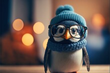  A Penguin Wearing Glasses And A Blue Hat With A Scarf Around It's Neck And A Knitted Cap On Its Head, With A Pair Of Glasses On It's Feet,. Generative Ai Generative Ai