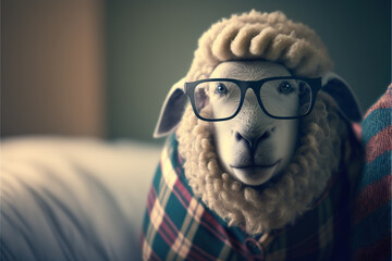  a sheep wearing glasses and a sweater on a couch with a blanket on it's back and a plaid blanket on its back, with a plaid blanket on it's head and a. generative ai generative ai