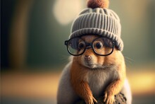  A Small Squirrel Wearing Glasses And A Knitted Hat With A Pompom On Top Of It's Head, Sitting On A Log, Looking At The Camera With A Blurry Background. Generative Ai Generative Ai