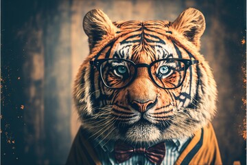  a tiger wearing glasses and a sweater with a bow tie on it's head and a wooden background with a wooden door behind it and a wooden wall behind it, with a wooden plank. generative ai generative ai