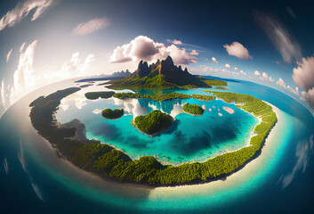 Wall Mural - Bora Bora aerial view from drone. Island in French Polynesia. White sandy beach and mountain. Palm trees and blue lagoon. Generative Ai Art. Fish eye view lens.