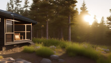 Small Log Cabin On The Outskirts, In The Middle Of The Environment, Generative AI