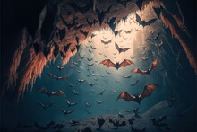  A Group Of Bats Flying In A Cave With Bats Flying Around Them And Bats Flying Around Them, With A Light Shining On The Cave Ceiling And Bats Flying In The Air Above The Cave. Generative Ai