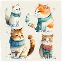  A Group Of Cats Wearing Sweaters And Scarves On A White Background With Snowflakes And Snowflakes On The Ground And A Snowflakes On The Ground And A White Background. Generative Ai