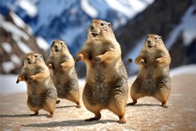 Many Marmots Dancing For Groundhog Day. Marmot Celebration 2 February Illustration Generative Ai