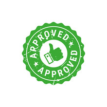 Approved Green Grunge Circle Rubber Seal Stamp. Thumbs Up Seal. Flat Vector Illustration Isolated On White Background.