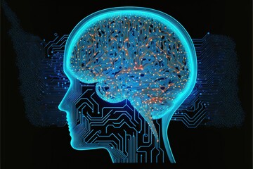 Poster -  a computer circuit board with a human head and brain highlighted in blue and red lights and circuit boards in the shape of a brain, with a circuit board in the middle of the head. generative ai