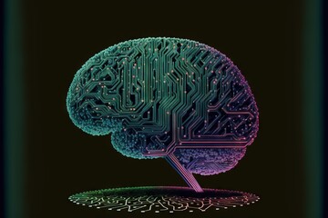 Poster -  a computer brain with a circuit board in the middle of it and a green light shining on the side of the brain and the top of the brain is a computer chip board with a. generative ai