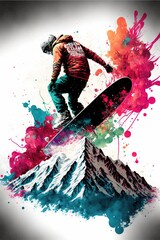 Wall Mural -  a man riding a snowboard on top of a mountain covered in paint splatters and sprays of paint on the side of the mountain, with a snowboard in the air. generative ai