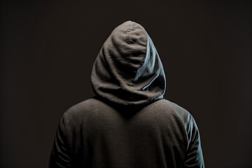 Sticker -  a person in a hooded sweatshirt is facing away from the camera, with a black background behind them and a black background behind them, with a dark area with a light at the top. generative ai