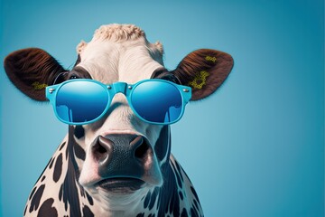  a cow wearing sunglasses and a cow's head with a blue background and a blue sky background behind it, with a blue sky background and a light blue sky, and a few clouds. generative ai