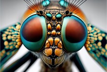  A Close Up Of A Blue And Orange Insect's Face And Wings With A White Background And A Black Border Around The Eyes And Bottom Half Of The Image Of The Insect's Head. Generative Ai