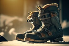  A Pair Of Ski Boots Sitting On Top Of A Snow Covered Ground Next To A Snowboarder's Helmet And Ski Poles On A Snow Covered Ground With Snow And A Light Behind Them. Generative Ai