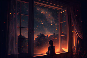 Wall Mural - child in the night watching the stars - By Generative AI