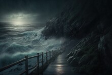 Dark Stormy Night Shore With A Wood Pier Leading To The Water. Horror Path At Night. Cliff Path Leading To The Ocean.