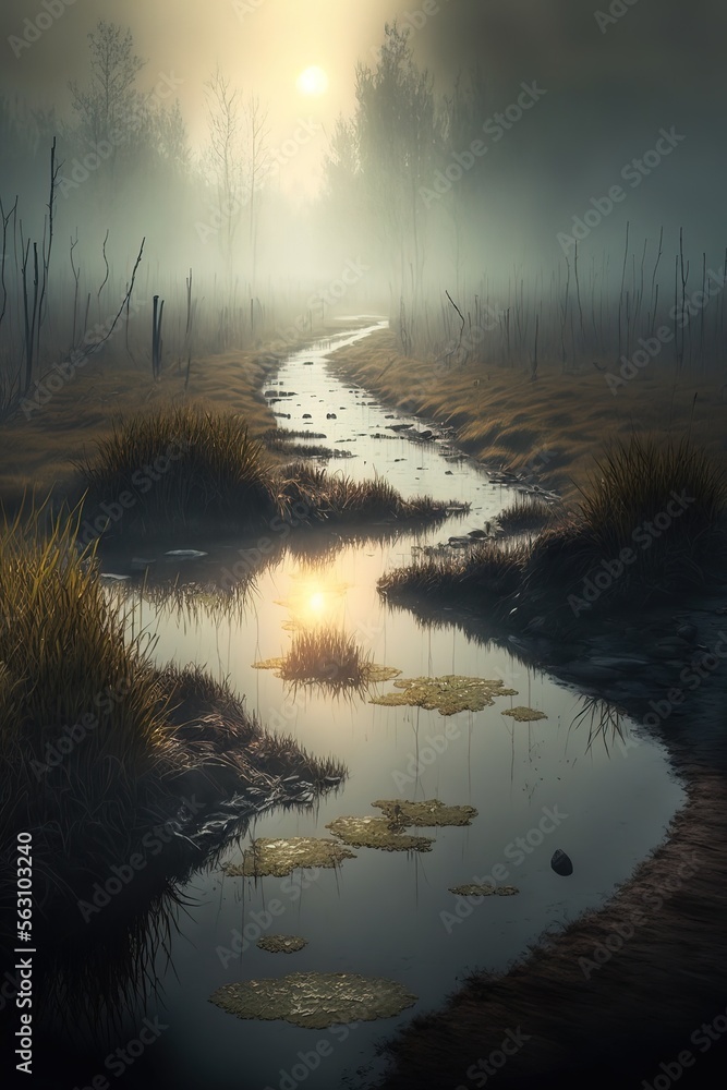 water swamp in a fantasy forest. fantasy swamp with a water path. Sun shining on swamp water.