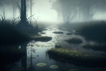Mysterious Foggy Swamp. Large Dry Trees. White Cedar, Black Ash. 