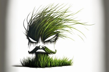  a drawing of a man with a moustache and a mustache in grass with a white background and a white wall behind him, with a white background, with a white border,. generative ai