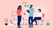 © Knut - People at work talking - Three vector characters in office workplace having conversation and discussion with speech bubbles. Flat design illustration