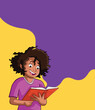 Cartoon black girl reading book. Teenager student reading book.
