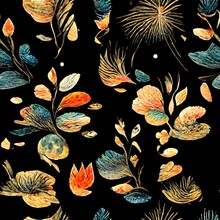 2d Flat Foral Repeating Pattern Painted Black Ink Outlines Vivid Watercolor Chalk Illustration Texture James R Eads Hiroshige Light Strokes 