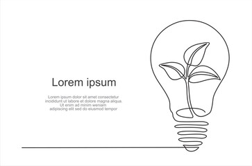 Plant inside Lightbulb  in one line drawing. Creative concept of Eco energy and environmental friendly sources. Vector illustration