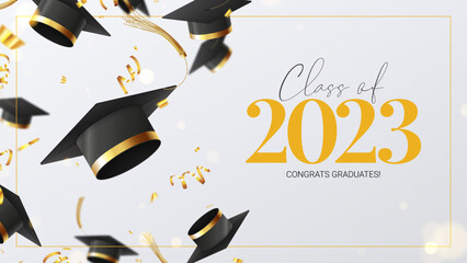 greeting banner for design of graduation 2023. falling graduation caps, golden confetti and serpenti