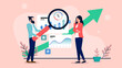 Analytics and research - Woman and man with magnifying glass looking at charts and graphs on computer screen. Flat design vector illustration with blue background
