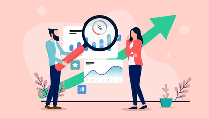 Aufkleber - Analytics and research - Woman and man with magnifying glass looking at charts and graphs on computer screen. Flat design vector illustration with blue background