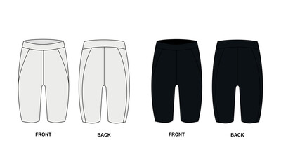 Technical drawing of sports cycling shorts. Bicycle shorts, white and black colors vector template for design. Sketch of short bike shorts front and back view.