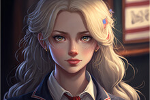 Illustration Of A Serious American Anime Schoolgirl, Light Brown Eyes And Blond Hairs With Usa Flag Ribbon Looks Forward Generative Ai