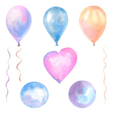 Set Of Watercolor Balloons On White Background. Symbol Of Happiness, Holiday, Joy. Isolated Clipart Elements For Design, Greeting Card, Invitation.
