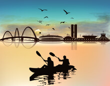Silhouette People Rowing Boat In River Vector Image
