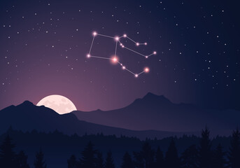 Wall Mural - vector constellation pegasus in dark purple, starry sky. misty hills, rising moon, dark forest, moun
