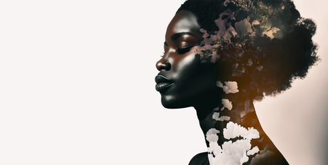 Profile face view of beautiful African woman painting combined with nature background on white panoramic copy space. Generative AI