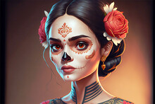 Cartoon Of Woman Face Painted With Delicate Skull, Representing Santa Muerte Deity, For Mexican Dia De Los Muertos Party, Generative Ai