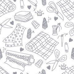 Sewing and tailor elements in seamless pattern. Print for textile, wallpaper, covers, surface. For fashion fabric. Retro stylization.