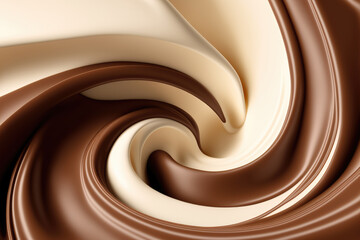 Chocolate background, smooth brown and white melted chocolate flowing, cocoa illustration, generative ai