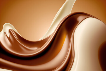 Chocolate background, smooth brown and white melted chocolate flowing, cocoa illustration, generative ai