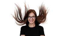 Indoor Shoot Of Italian Woman In Spectacles And Black T-shirt With Fluttering Long Loose Hair In Air, Broad Smiling, Looks Satisfied By Health Over Transparent Background. People Emotions, Healthcare