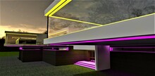Successful Mix Of The Elegant Dwelling Illumination In Purple And Yellow. View Of The Porch With Glowing Steps. 3d Rendering.